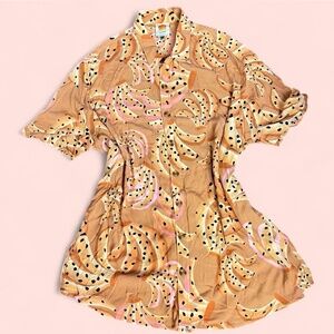 Farm Rio Caramel Raining Bananas Uni Shirt XL Tropical Button-Up Blouse